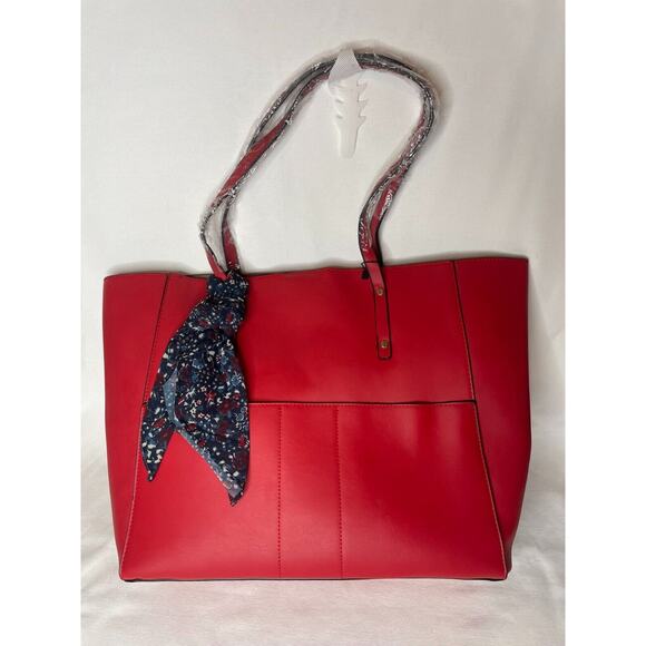 Mondani Handbags - Mondani Kata Tote Bag Red Faux Leather with Floral Scarf Snap Closure NEW